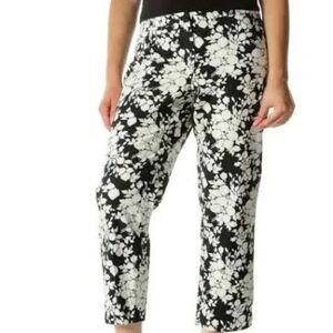 Talbots Signature Floral Cropped Pants Stretch Pocket Black Cream 14